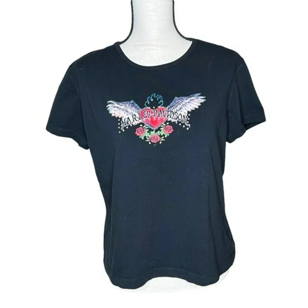 Harley Davidson Black Angel Heart Floral With Rhinestones Graphic Shirt Size XL - Picture 2 of 8